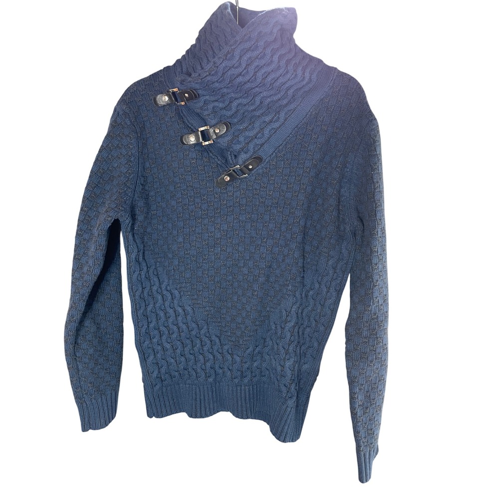 Coofandy Mens Blue Knit Buckle Collar Sweater Asymmetrical High Neck Large